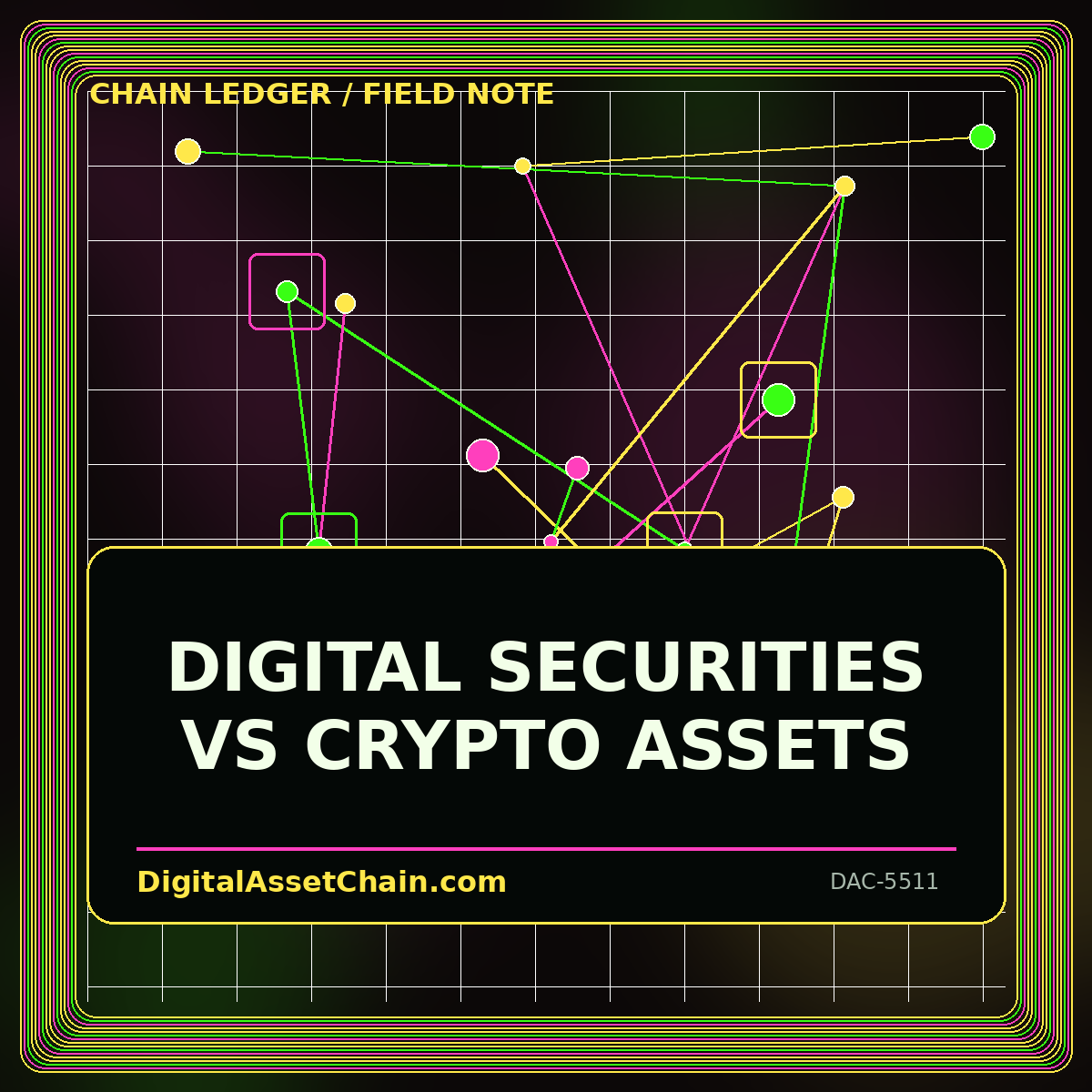 Digital Securities vs Crypto Assets neon editorial card