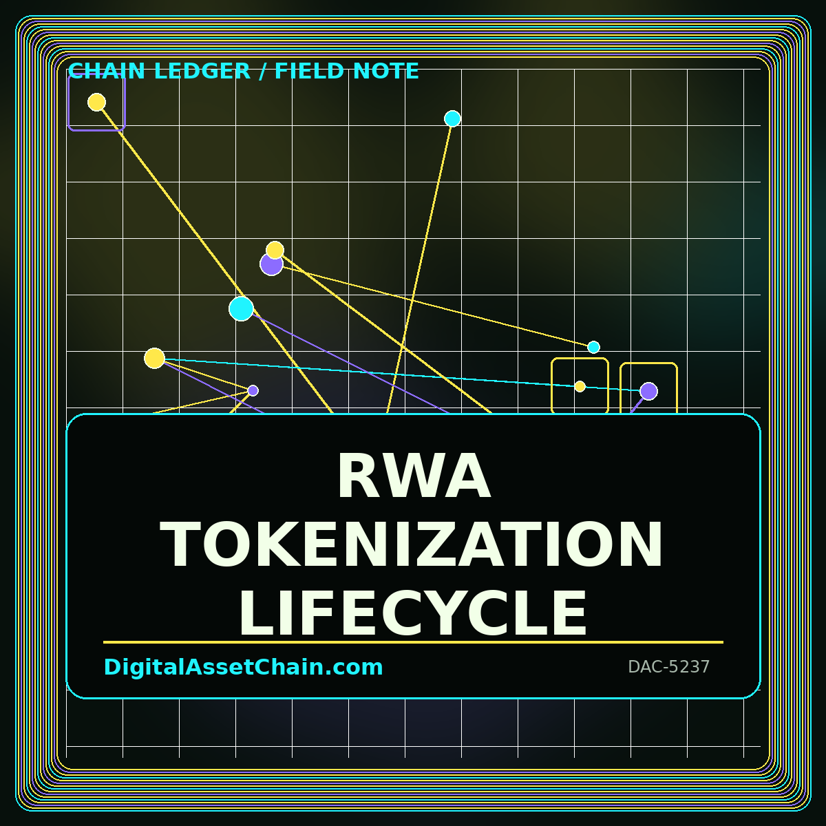 RWA Tokenization Lifecycle neon editorial card